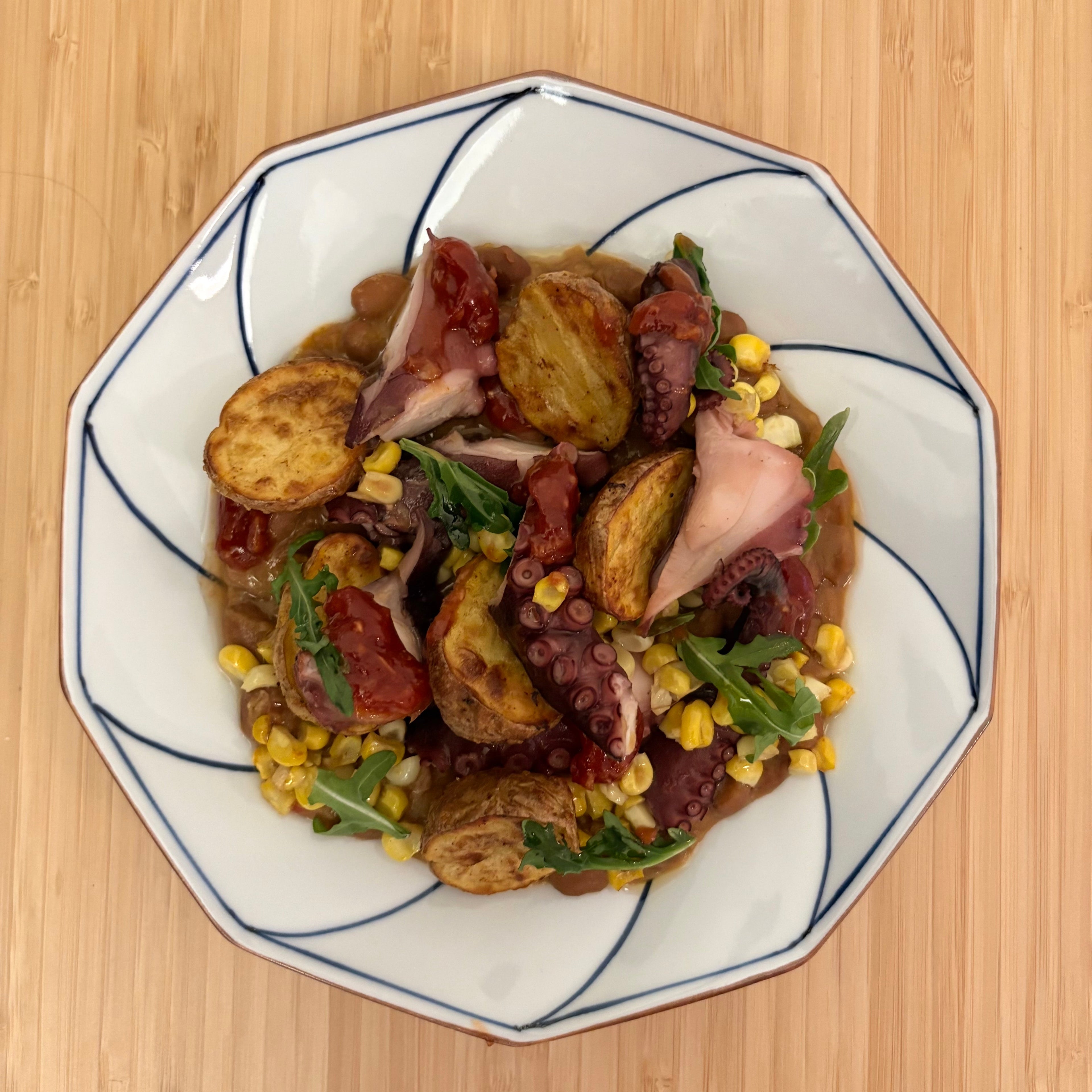 Five-Spice Braised Octopus, Crushed Potatoes, Market Vegetables