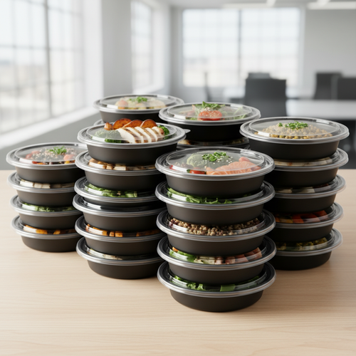 Stacked 24 oz black to-go containers